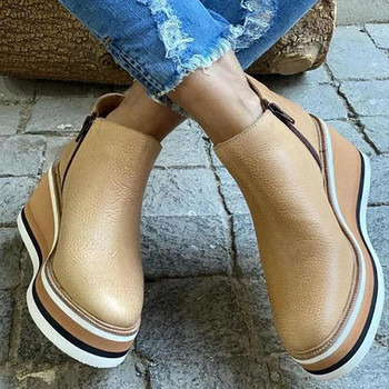 Дамски ботуши с клинове с цип Дамски ботуши с кръгли пръсти Модерни ботуши от PU кожа Едноцветни шевни женски ежедневни обувки дамски