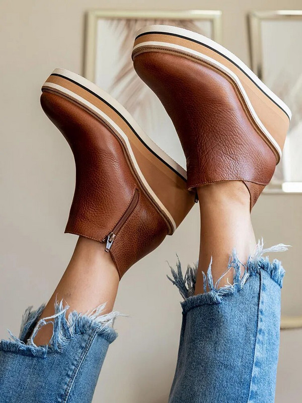 Zipper Wedges Γυναικείες μπότες με στρογγυλά δάχτυλα Γυναικείες μοντέρνες μπότες PU Δερμάτινες μονόχρωμες ραφές Γυναικεία casual παπούτσια γυναικεία