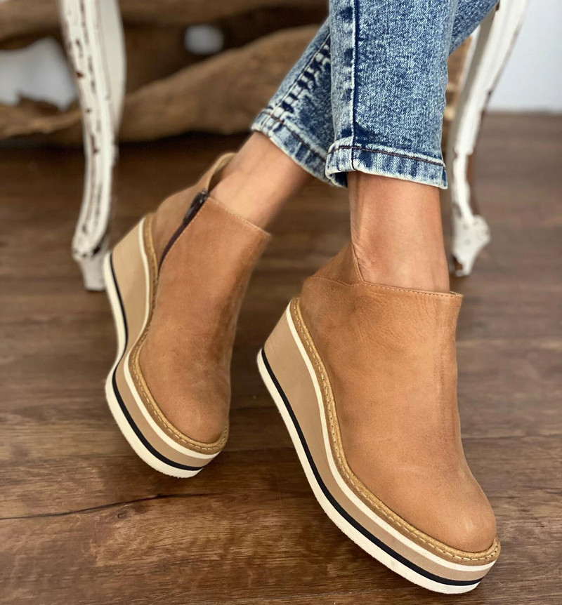 Zipper Wedges Γυναικείες μπότες με στρογγυλά δάχτυλα Γυναικείες μοντέρνες μπότες PU Δερμάτινες μονόχρωμες ραφές Γυναικεία casual παπούτσια γυναικεία