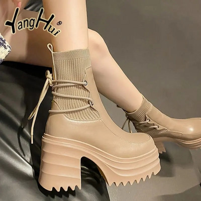 2023 г. Нови модерни ботуши до глезена Мода от дантела от памучен платЧерни обувки на висок ток със супер висока платформа за жени Пролет Есен