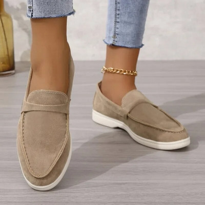 Γνήσιο δέρμα γυμνό σουέτ Flat παπούτσια Γυναικεία Loafers Summer Walk Μοκασίνα Μεταλλική Κλειδαριά Φούντα Μαλακή σόλα Mules Αιτιατική ολίσθηση στα παπούτσια