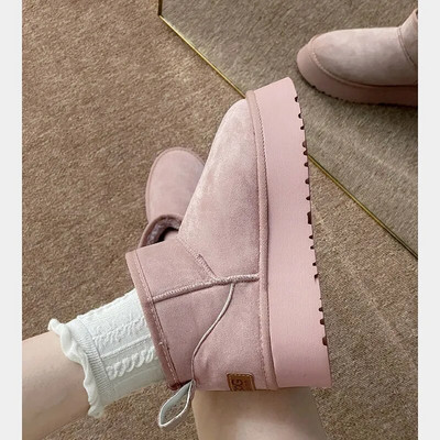 Марка Lolita Boots Round Toe Дамски обувки Ботуши-Дамски зимни обувки Плюшени обувки с плосък ток Australia Fashion Med Elegant 2023 Pink