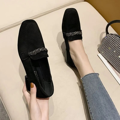 Crystal Chain Flock Loafers Γυναικεία Χαμηλά Τακούνια Espadrilles Γυναικεία Παπούτσια Ballerina Retor Square Toe Nubuck Velvet Moccasins Flats2021