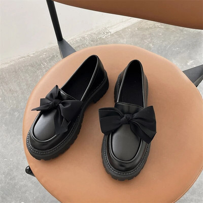 Дамски обувки с равни обувки Кожени обувки с лък Дамски 2022 Нови есенни мокасини с дебел ток Дамски модни удобни работни обувки Zapatos