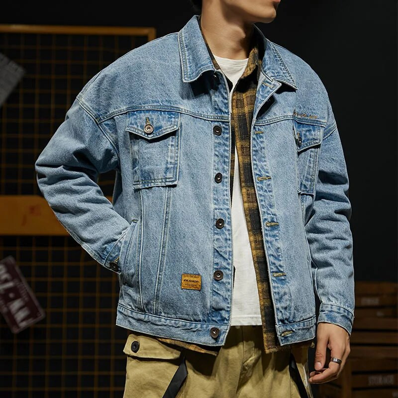 Kevadine ja sügisene uus vabaaja pikkade varrukatega rev Harajuku jope nööbiga teksajakk mood tasku meeste sügisene teksajakk 3XL