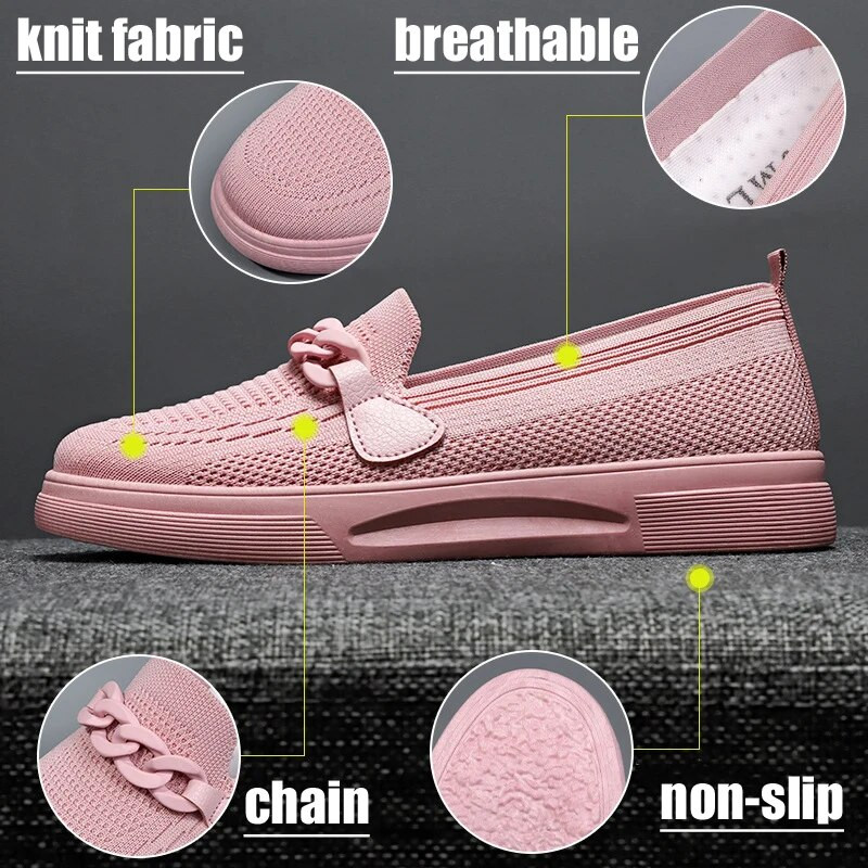 Moteriški tamprūs megzti plokščiapadžiai batai, 2023 m. rudens vasara, kvėpuojantis tinklelis, mokasinai, grandinėlė, laisvalaikio batai, užsimaunama suknele, avalynė