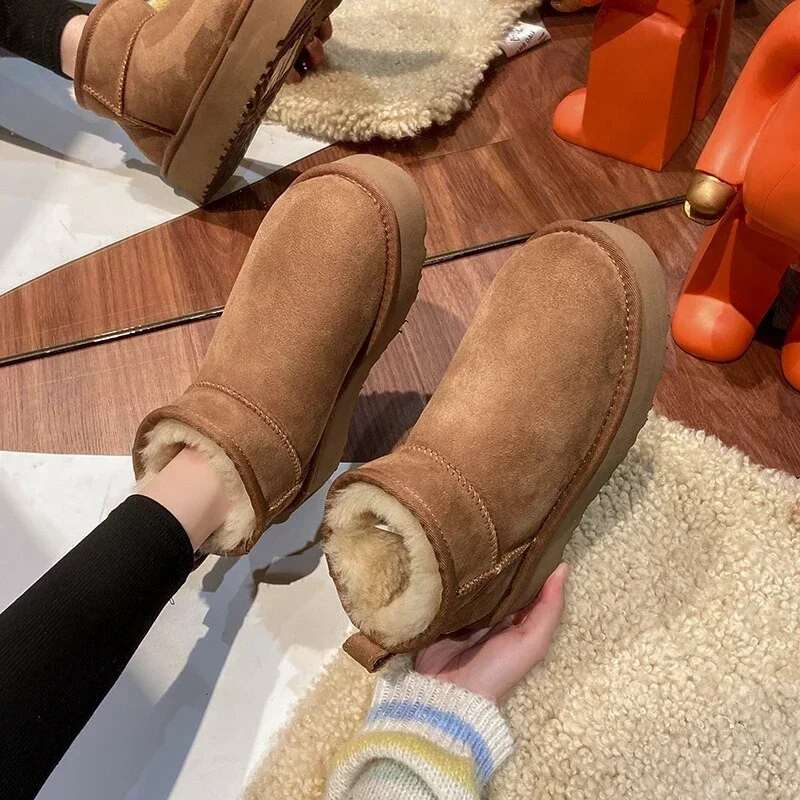 Χειμερινές γούνινες μπότες για γυναίκες Warm Plus Velvet με χοντρή σόλα Γυναικείες μπότες με μανίκια Snow Boots Μοντέρνες κοντές μπότες