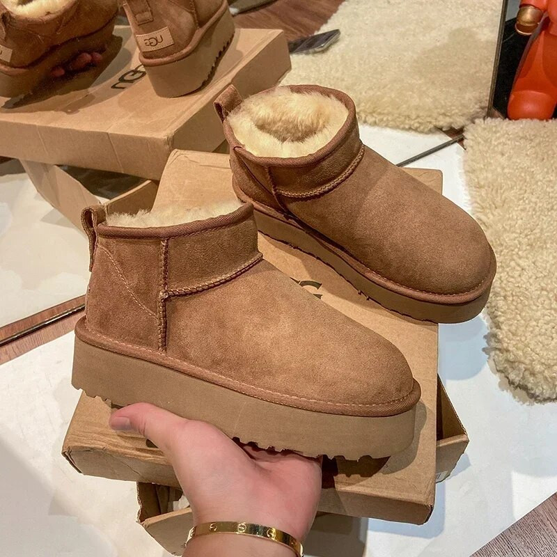 Χειμερινές γούνινες μπότες για γυναίκες Warm Plus Velvet με χοντρή σόλα Γυναικείες μπότες με μανίκια Snow Boots Μοντέρνες κοντές μπότες
