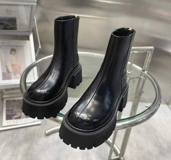 Γυναικείες μπότες 2024 επώνυμων σχεδιαστών slip on μαύρες δερμάτινες πλατφόρμες Γυναικείες μπότες με χοντρό τακούνι Γυναικείες μπότες Chelsea Χειμερινά παπούτσια