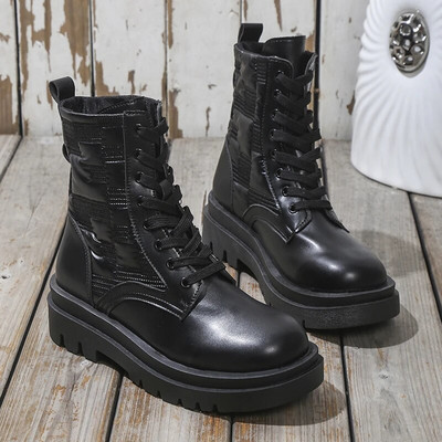 Χειμερινά νέα γυναικεία μποτάκια Wedge Γυναικείες μπότες μοτοσικλέτας Γυναικεία κορδόνια με χοντρή σόλα Δερμάτινα παπούτσια Oxford Γυναικεία Daily Botas