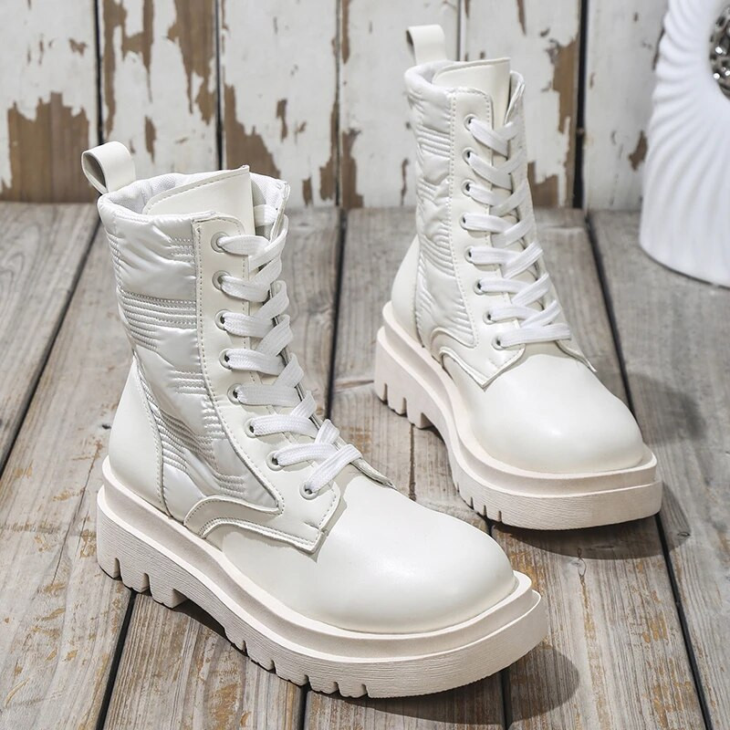 Χειμερινά νέα γυναικεία μποτάκια Wedge Γυναικείες μπότες μοτοσικλέτας Γυναικεία κορδόνια με χοντρή σόλα Δερμάτινα παπούτσια Oxford Γυναικεία Daily Botas