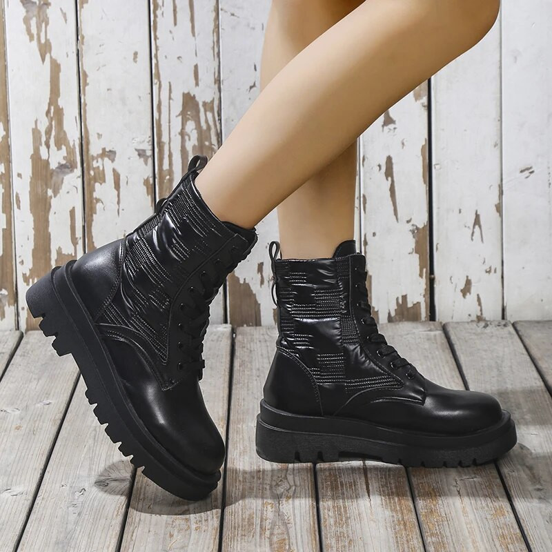 Χειμερινά νέα γυναικεία μποτάκια Wedge Γυναικείες μπότες μοτοσικλέτας Γυναικεία κορδόνια με χοντρή σόλα Δερμάτινα παπούτσια Oxford Γυναικεία Daily Botas