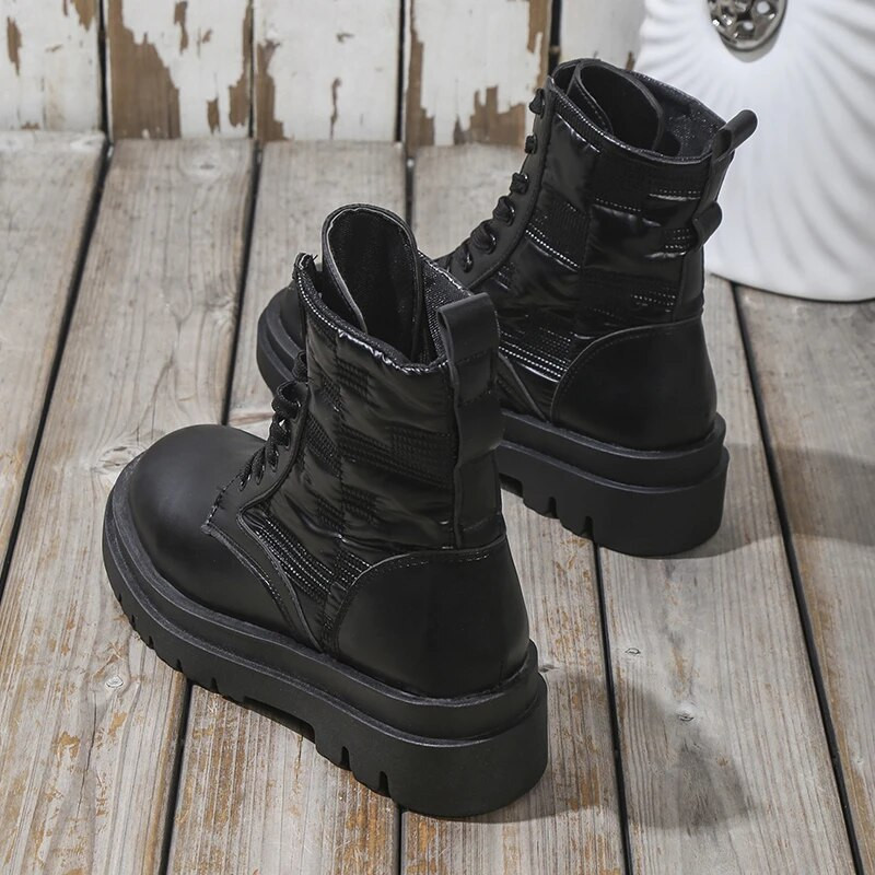 Χειμερινά νέα γυναικεία μποτάκια Wedge Γυναικείες μπότες μοτοσικλέτας Γυναικεία κορδόνια με χοντρή σόλα Δερμάτινα παπούτσια Oxford Γυναικεία Daily Botas