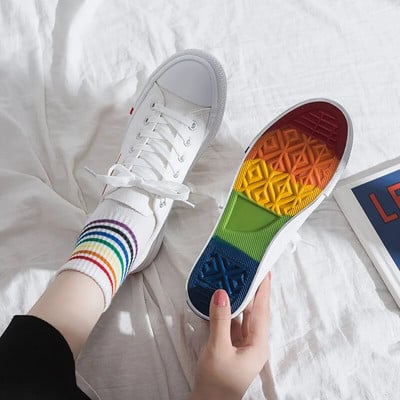 Női vászoncipők szivárványos laposok, tavaszi ősz, 2022 női fűzős fehér tornacipők, alkalmi női, vulkanizált cipők Zapatillas Mujer