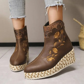 Νέες γυναικείες μπότες αστράγαλο Γυναικεία κοντή μπότα με ψηλό τακούνι, γυναικεία κεντητά γυναικεία παπούτσια casual με τετράγωνο τακούνι