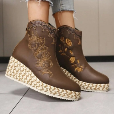 Νέες γυναικείες μπότες αστράγαλο Γυναικεία κοντή μπότα με ψηλό τακούνι, γυναικεία κεντητά γυναικεία παπούτσια casual με τετράγωνο τακούνι