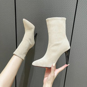 Mood Stretch sokid Lühikesed saapad Naiste kõrge kontsaga kootud sokid lühikesed saapad õhukesed naiste terava ninaga sügis- ja talvised alasti saapad