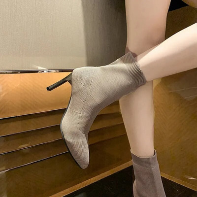 Seksi čizme za jesen i zimu 2024. Pletene rastezljive čizme Visoke pete Ženske modne cipele Kratke čizme Ženske čizme