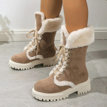 Χειμερινές γυναικείες μπότες 2024 Μόδας μπότες χιονιού κορδόνια με στρογγυλά δάχτυλα Παπούτσια με χοντρή σόλα Γυναικείες φλις ζεστές και άνετες μπότες Botas