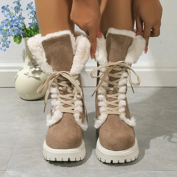 Χειμερινές γυναικείες μπότες 2024 Μόδας μπότες χιονιού κορδόνια με στρογγυλά δάχτυλα Παπούτσια με χοντρή σόλα Γυναικείες φλις ζεστές και άνετες μπότες Botas