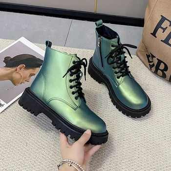 2024 Нови дамски лазерни готически ботуши Есенни и зимни водоустойчиви обувки за дъжд Модни лачени дамски мартин ботуши