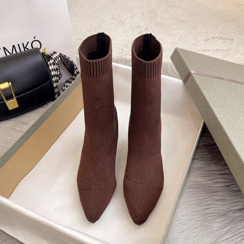 2024. aasta uued kevadised ja sügisesed kootud naiste saapad, ruudujuure terava ninaga naiste stretšsaapad Boheemlas stiilis vabaaja kõrged kontsad