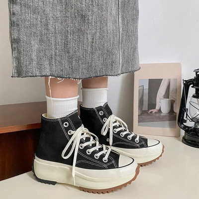 Νέα κλασικά γυναικεία αθλητικά παπούτσια Γυναικεία κορδόνια με χοντρή σόλα για περπάτημα Παπούτσια από καμβά Wedger Platform Παπούτσια ψηλά κορυφαία casual βουλκανιζέ παπούτσια