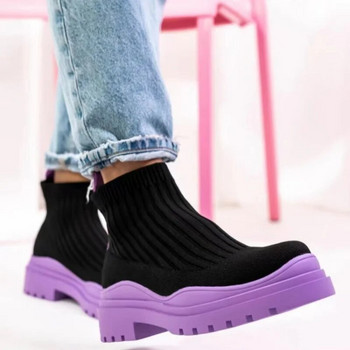 Γυναικείες μπότες Stretch υφασμάτινες πλεκτές μπότες αστραγάλου 2022 Φθινόπωρο και Χειμώνας Νέες πολυτελείς γυναικείες μπότες Στρογγυλές μπότες με slip-on casual