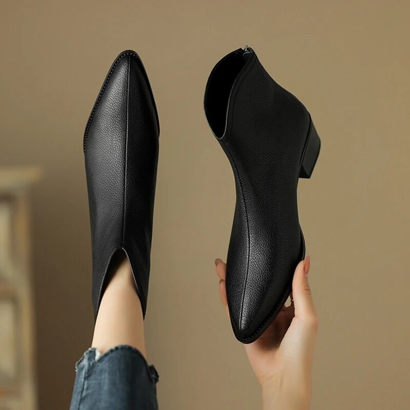 ΝΕΕΣ φθινοπωρινές μπότες Γυναικείες σπαστές δερμάτινα παπούτσια για γυναίκες με μυτερά παπούτσια με χοντρό τακούνι ρετρό μπότες με φερμουάρ Μποτάκια βερίκοκο