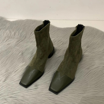Нови есенно-зимни дамски боти до глезена Модни кожени велурени къси лодки на висок ток Дамски обувки Дамски елегантни ромски ботуши с квадратни пръсти