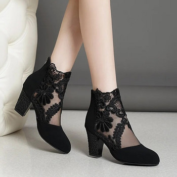 Επώνυμα παπούτσια για γυναίκες 2023 Γυναικείες μπότες με φερμουάρ Μόδα διακόσμηση λουλουδιών γραφείου και καριέρας Νέα μποτάκια με μύτη Zapatos