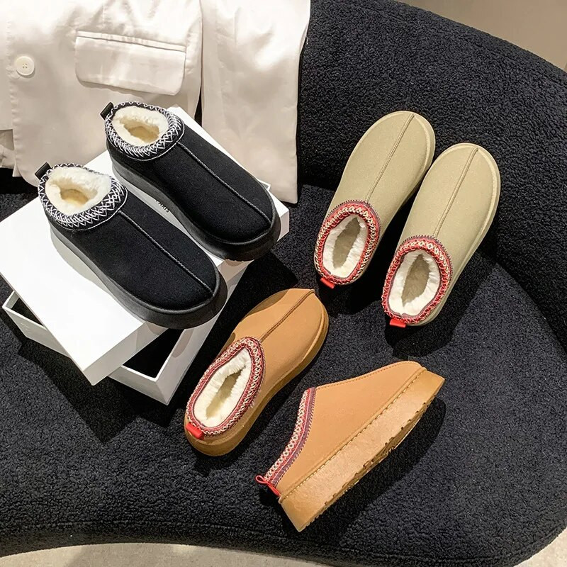 Moteriški sniego batai, 2023 m. žiema, nauji kašmyro spalvos, šilti, stori Tasman padai be kulno dengtų plaukų, pusiau šlepetės medvilniniai batai