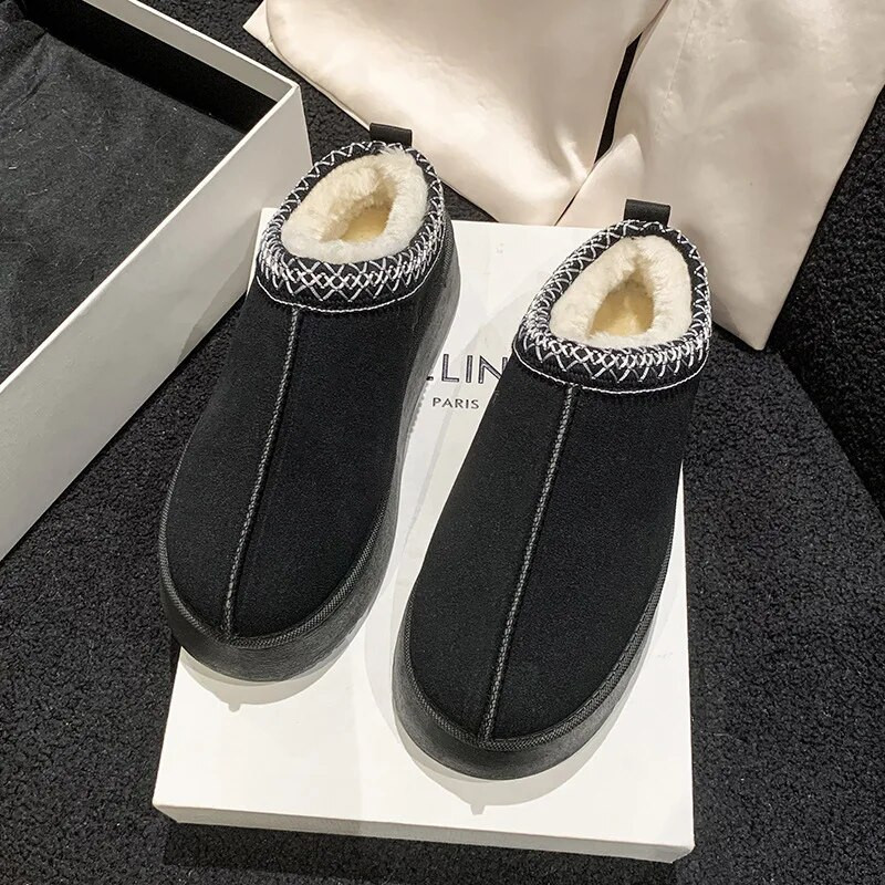 Moteriški sniego batai, 2023 m. žiema, nauji kašmyro spalvos, šilti, stori Tasman padai be kulno dengtų plaukų, pusiau šlepetės medvilniniai batai