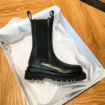 Νέες πολυτελείς μπότες Chelsea Γυναικείες δερμάτινες γυναικείες μπότες Ογκώδεις χειμερινές μπότες Πλατφόρμας Μποτάκια αστραγάλου Slip On Thick Heel Brand Designer