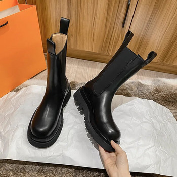 Νέες πολυτελείς μπότες Chelsea Γυναικείες δερμάτινες γυναικείες μπότες Ογκώδεις χειμερινές μπότες Πλατφόρμας Μποτάκια αστραγάλου Slip On Thick Heel Brand Designer