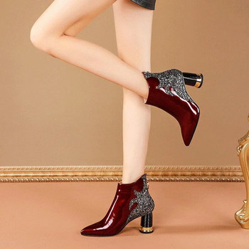 Υψηλής ποιότητας γυναικείες μπότες 2023 Γυαλιστερές γυαλιστερές παγιέτες γυναικείες ψηλοτάκουνες γόβες σέξι μυτερές μπότες αστραγάλου Comfor γυναικεία παπούτσια γραφείου με χοντρό τακούνι