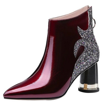 Υψηλής ποιότητας γυναικείες μπότες 2023 Γυαλιστερές γυαλιστερές παγιέτες γυναικείες ψηλοτάκουνες γόβες σέξι μυτερές μπότες αστραγάλου Comfor γυναικεία παπούτσια γραφείου με χοντρό τακούνι