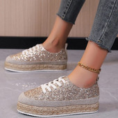 Moteriški sportbačiai austi blizgučiai auksiniais pavieniais batai, apvalūs, suvarstomi, retro platforminiai batai Lengvi, jaukūs vaikščiojimo vulkanizuoti batai