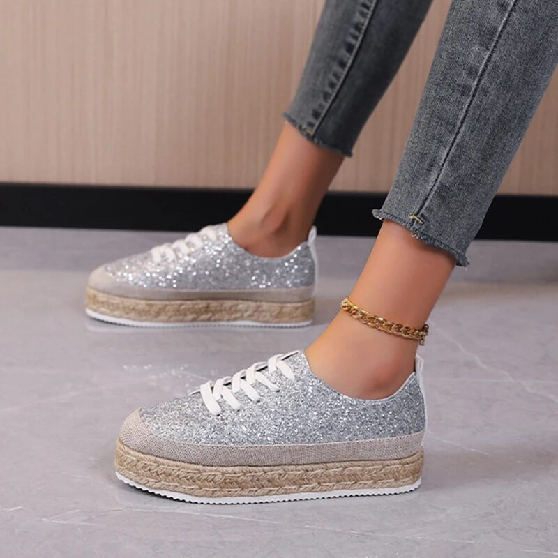 Moteriški sportbačiai austi blizgučiai auksiniais pavieniais batai, apvalūs, suvarstomi, retro platforminiai batai Lengvi, jaukūs vaikščiojimo vulkanizuoti batai