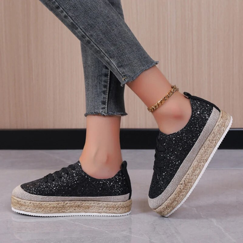 Moteriški sportbačiai austi blizgučiai auksiniais pavieniais batai, apvalūs, suvarstomi, retro platforminiai batai Lengvi, jaukūs vaikščiojimo vulkanizuoti batai