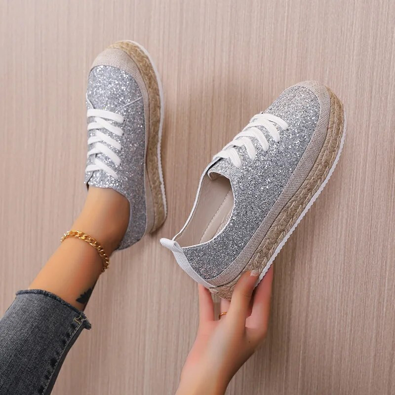 Moteriški sportbačiai austi blizgučiai auksiniais pavieniais batai, apvalūs, suvarstomi, retro platforminiai batai Lengvi, jaukūs vaikščiojimo vulkanizuoti batai