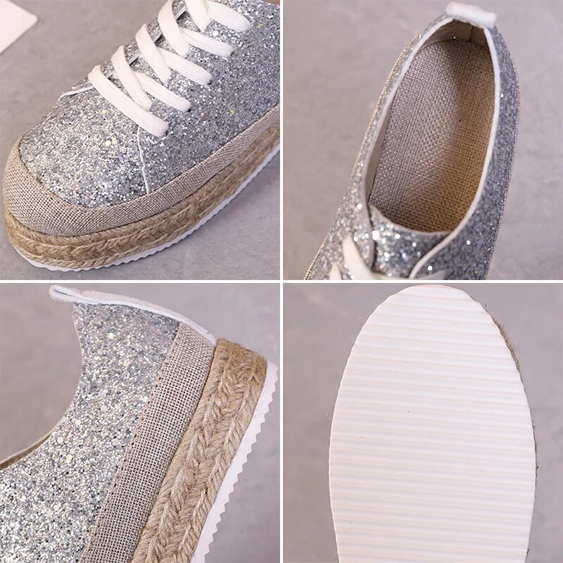 Moteriški sportbačiai austi blizgučiai auksiniais pavieniais batai, apvalūs, suvarstomi, retro platforminiai batai Lengvi, jaukūs vaikščiojimo vulkanizuoti batai