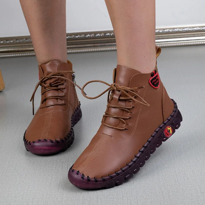 Μπότες Γυναικεία Παπούτσια Δερμάτινα Μποτάκια Γυναικεία Φθινοπωρινό Χειμώνα Άνετα Γυναικείες Μπότες με φερμουάρ Χέρι Κλωστή ραπτικής Mom Botas Mujer