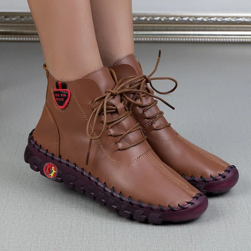 Μπότες Γυναικεία Παπούτσια Δερμάτινα Μποτάκια Γυναικεία Φθινοπωρινό Χειμώνα Άνετα Γυναικείες Μπότες με φερμουάρ Χέρι Κλωστή ραπτικής Mom Botas Mujer