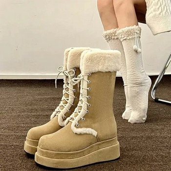 Νέα μόδα γυναικεία μποτάκια αστραγάλου 2023 Χειμώνας ζεστά κοντά βελούδινα κορδόνια επίπεδη με αντιολισθητικές γυναικείες μπότες για χιόνι Botas Mujer