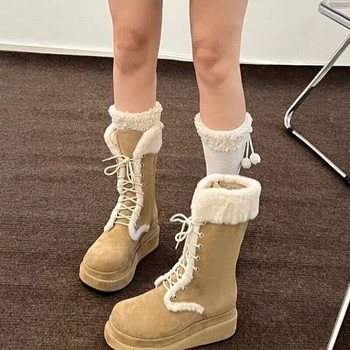 Νέα μόδα γυναικεία μποτάκια αστραγάλου 2023 Χειμώνας ζεστά κοντά βελούδινα κορδόνια επίπεδη με αντιολισθητικές γυναικείες μπότες για χιόνι Botas Mujer
