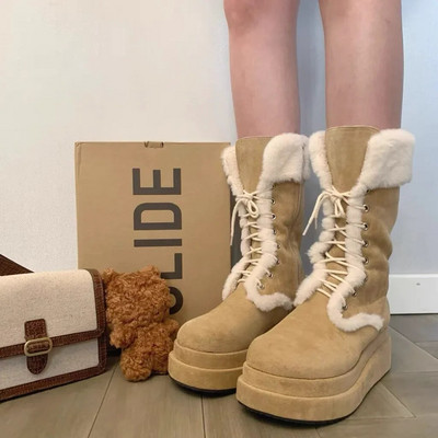Νέα μόδα γυναικεία μποτάκια αστραγάλου 2023 Χειμώνας ζεστά κοντά βελούδινα κορδόνια επίπεδη με αντιολισθητικές γυναικείες μπότες για χιόνι Botas Mujer