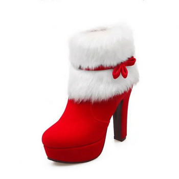 Χειμώνας 2023 Νέες γυναικείες μπότες Αδιάβροχη πλατφόρμα Ψηλοτάκουνο Χοντρό με Μπότες Φιόγκος Άνετα Διακοσμητικές Μπότες Χριστουγεννιάτικες κόκκινες μπότες