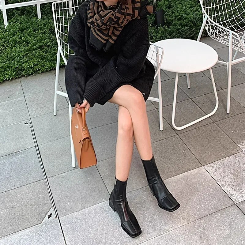 Jesen Zima Četvrtasti vrh Britanske gležnjače sa srednjom petom Smeđe čizme s debelom petom Ženske elastične čizme Čizme Ženske čizme Visoke cipele