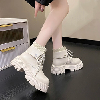 Chunky Platform Γυναικείες μπότες μοτοσυκλέτας Φθινοπωρινές χειμερινές κοντές βελούδινες ζεστές μπότες αστραγάλου Γυναικείες αδιάβροχες Pu Learher Botas Mujer